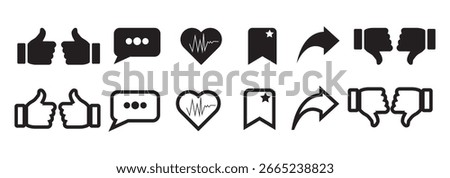 Social Media Icon Set Vector Design on White Background. social media interface icon set in line style. like, unlike, comment, share, message, thumb and save simple black style.