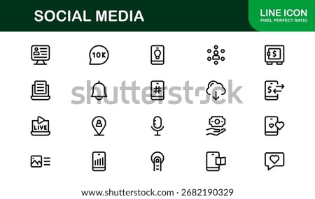 Social Media Icon Set in Vector Style Featuring Communication, Networking, Sharing, and Engagement Symbols