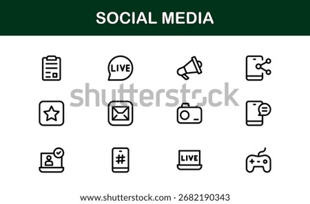 Social Media Icon Set in Vector Style Featuring Communication, Networking, Sharing, and Engagement Symbols