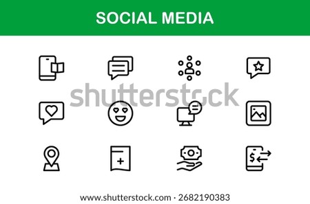 Social Media Icon Set in Vector Style Featuring Communication, Networking, Sharing, and Engagement Symbols