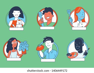 Social Media Icon Set Of Young Millennial Men And Women In Work Outfits And Holding Hobby Objects. Can Be Used For Dating And Social Media Apps, Education, Entertainment, Personality Quiz, People