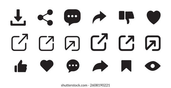 Social media icon sets. Share, Like, Heart, Comment, Eye, Save, Love, Download, external link black vector icon set. Isolated symbols on transparent background. Vector Eps 10