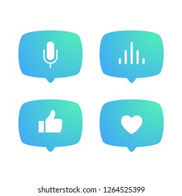Social media icon. Sound, heart, thumb up and mic bubble illustrations for social networks