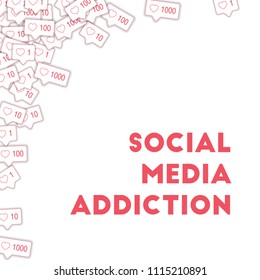 Social media icons. Social media addiction concept. Falling pink like counter. Fabulous abstract left top corner elements on white background.