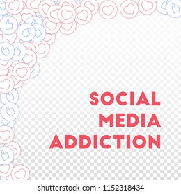 Social media icons. Social media addiction concept. Falling scattered thumbs up hearts. Fantastic abstract left top corner elements on transparent grid background.