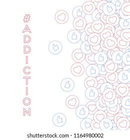 Social media icons. Social media addiction concept. Falling scattered thumbs up hearts. Scatter right gradient elements on white background.