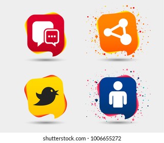 Social media icons. Chat speech bubble and Share link symbols. Bird sign. Human person profile. Speech bubbles or chat symbols. Colored elements. Vector