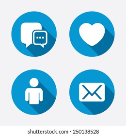 Social media icons. Chat speech bubble and Mail messages symbols. Love heart sign. Human person profile. Circle concept web buttons. Vector