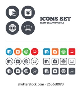 Social media icons. Chat speech bubble and world globe symbols. Hipster photo camera sign. Photo frames. Web buttons set. Circles and squares templates. Vector