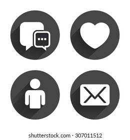 Social media icons. Chat speech bubble and Mail messages symbols. Love heart sign. Human person profile. Circles buttons with long flat shadow. Vector