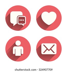 Social media icons. Chat speech bubble and Mail messages symbols. Love heart sign. Human person profile. Pink circles flat buttons with shadow. Vector