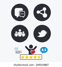 Social media icons. Chat speech bubble and Bird chick symbols. Human group sign. Star vote ranking. Client like and think bubble. Quotes with message.