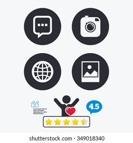 Social media icons. Chat speech bubble and world globe symbols. Hipster photo camera sign. Landscape photo frame. Star vote ranking. Client like and think bubble. Quotes with message.