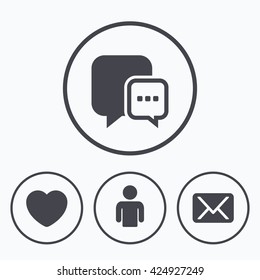 Social media icons. Chat speech bubble and Mail messages symbols. Love heart sign. Human person profile. Icons in circles.