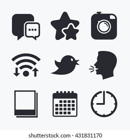 Social media icons. Chat speech bubble symbol. Hipster photo camera sign. Empty photo frames. Wifi internet, favorite stars, calendar and clock. Talking head. Vector