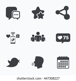 Social media icons. Chat speech bubble and Bird chick symbols. Human group sign. Flat talking head, calendar icons. Stars, like counter icons. Vector