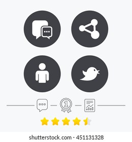 Social media icons. Chat speech bubble and Share link symbols. Bird sign. Human person profile. Chat, award medal and report linear icons. Star vote ranking. Vector