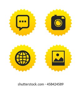 Social media icons. Chat speech bubble and world globe symbols. Hipster photo camera sign. Landscape photo frame. Yellow stars labels with flat icons. Vector