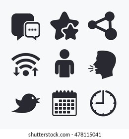 Social media icons. Chat speech bubble and Share link symbols. Bird sign. Human person profile. Wifi internet, favorite stars, calendar and clock. Talking head. Vector
