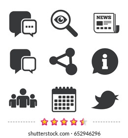 Social media icons. Chat speech bubble and Bird chick symbols. Human group sign. Newspaper, information and calendar icons. Investigate magnifier, chat symbol. Vector