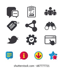 Social media icons. Chat speech bubble and Bird chick symbols. Human group sign. Browser window, Report and Service signs. Binoculars, Information and Download icons. Stars and Chat. Vector