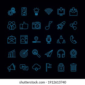 social media icons collection over black background, line style, vector illustration