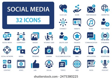 Social media icons collection. Services for online communication. Blog, like, content, media, social network, website. Simple flat vector icon.