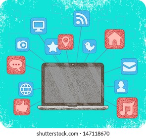 Social media icons connected with computer.