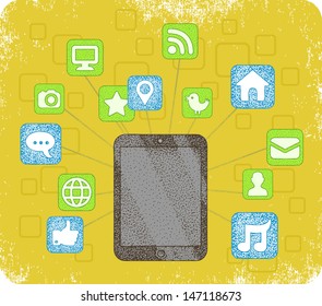 Social media icons connected with computer.