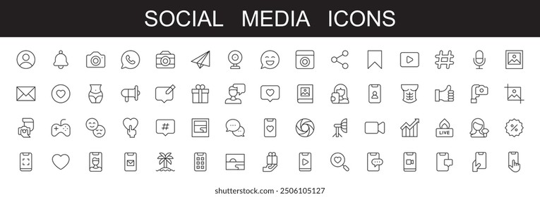 Social media icons . editable stroke line icons vector illustration on white background with like, share, social, network, comment, profile, connection, networking, friends,