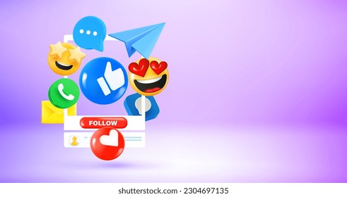 Social media icons and emoji with account profile. Vector 3d banner with copy space
