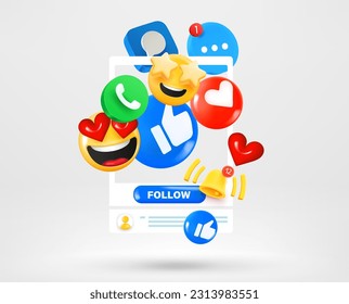 Social media icons and emoji with account profile. Vector 3d illustration