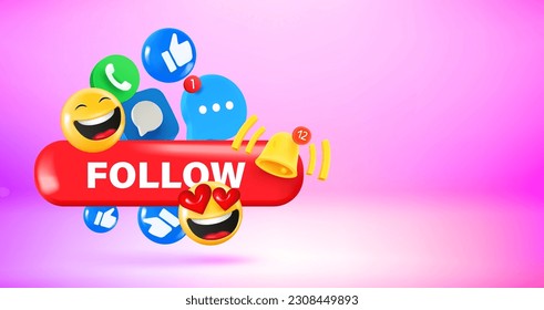 Social media icons and emoji and Follow button. Vector 3d banner with copy space
