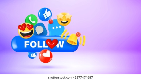 Social media icons and emoji with Follow button. Vector 3d banner with copy space