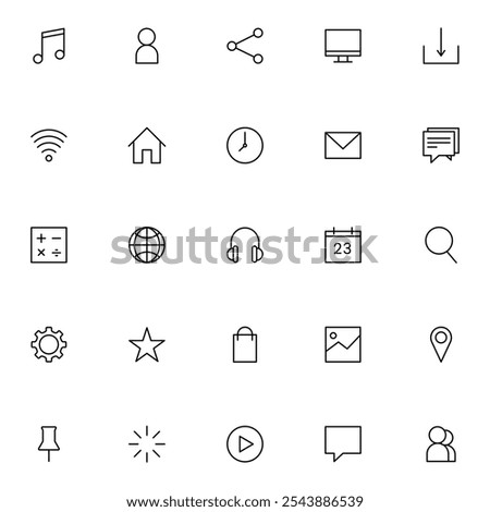 Social media icons. Essential symbols for apps and online platforms. Icons for chat, calendar, shopping cart, clock, location pin, wifi, settings, and more. Ideal for web and mobile UI design.