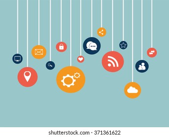 Social media icons flat vector with blue background hanging