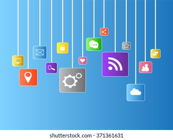 Social media icons flat vector with blue background hanging