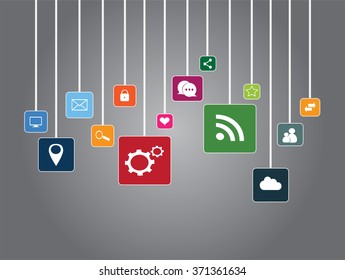 Social media icons flat vector with blue background hanging 