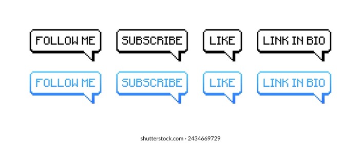 Social media icons. Follow me, subscribe, like, link in bio speech bubbles set. Flat style. Vector icons