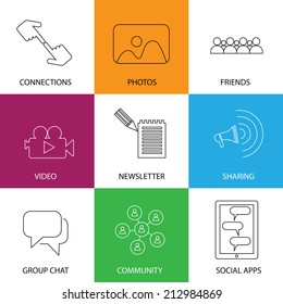 Social Media Icons Of Friends, Community, Videos & Photos - Concept Vector. This Graphic Represents Internet Concepts Like Group Chat, Mobile Apps For Sharing & Interaction, People Group Engagement