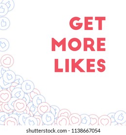 Social media icons. Get more likes concept. Falling scattered thumbs up hearts. Excellent abstract left bottom corner elements on white background.