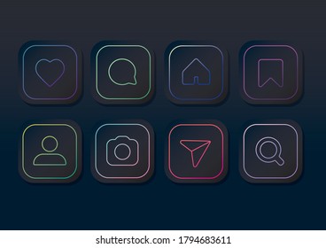 Social media icons. Gradient buttons of heart like, comment, home, user, direct and search