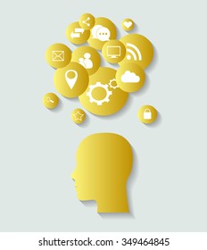 social media icons with human head, abstract vector gold