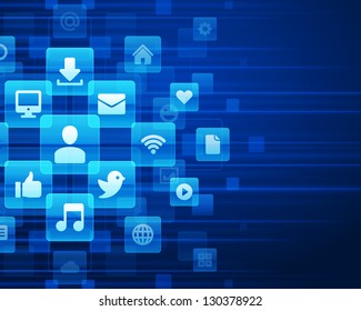 Ícones de mídia social e fundo vetorial de luz