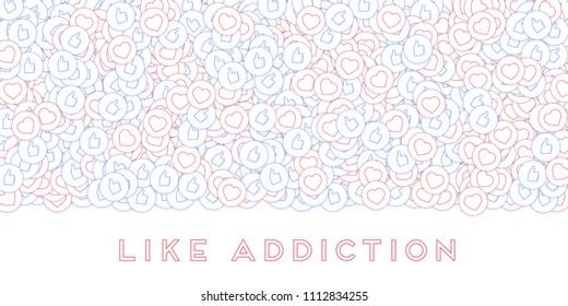 Social media icons. Like addiction concept. Falling scattered thumbs up hearts. Wide top gradient elements on white background.