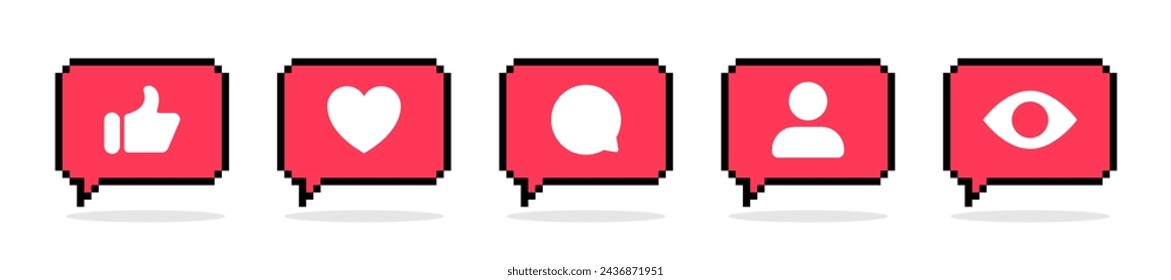 Social Media Icons. Like, comment, share, save. Social Media Pixel buttons. Pixelated buttons