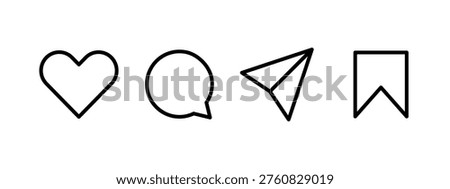 social media icons, like, comment, share, save, set of editable black line vector symbols