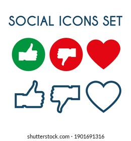 Social media icons of like, dislike and heart. Vector set of linear and color symbols for social network