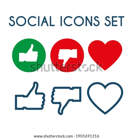 Social media icons of like, dislike and heart. Vector set of linear and color symbols for social network