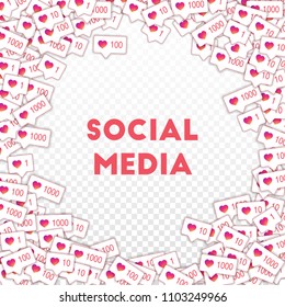 Social media icons. Social media marketing concept. Falling gradient like counter. Round random frame elements on transparent grid background.